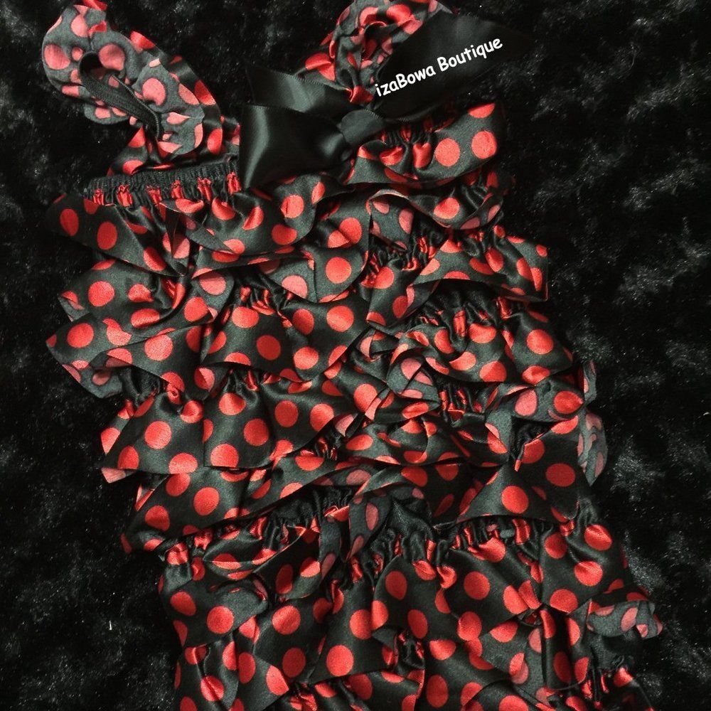 Red & Black Polka Dot Satin Romper R920M Med 12M-2T NWT Boutique